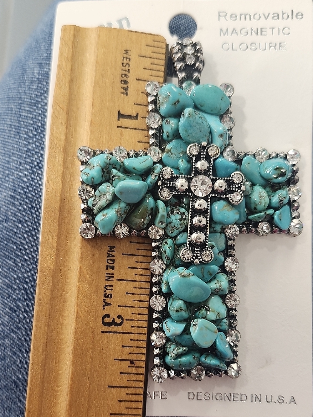 REVE Turquoise Stone Cross Pendant with Rhinestone Accents - Picture 2 of 3